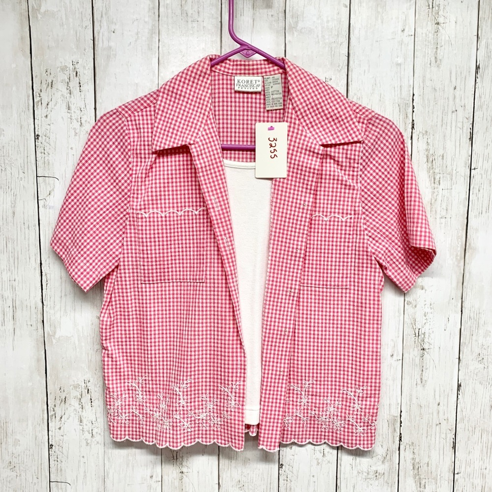 Koret Francisca Gingham Embroidered Shirt Womens Size P Pink Vintage Cottagecore